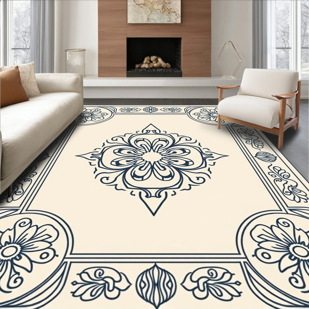Navy Cream Floral Medallion Frame Rug