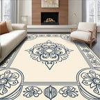 Navy Cream Floral Medallion Frame Rug