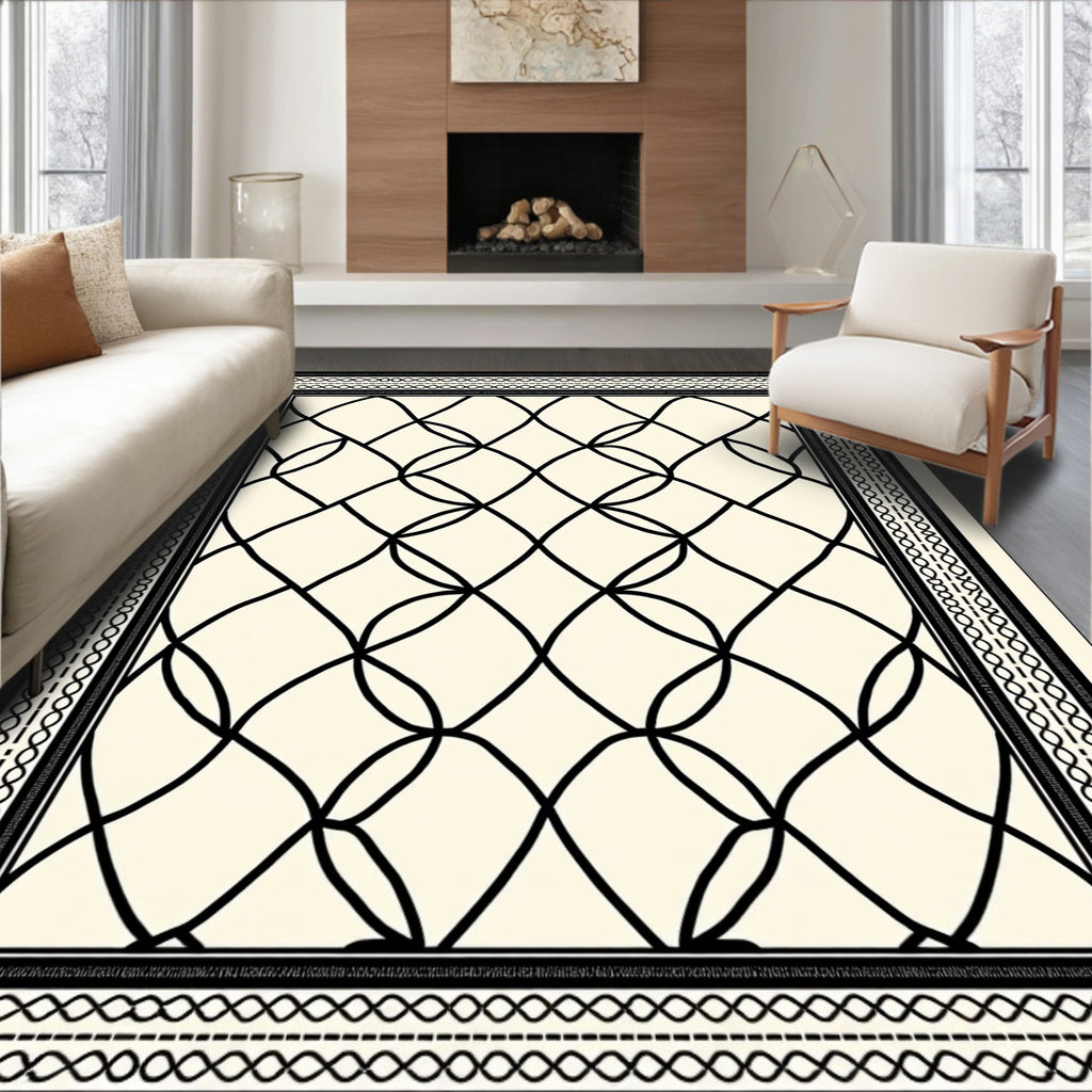 Cream Black Overlapping Diamond Frame Rug