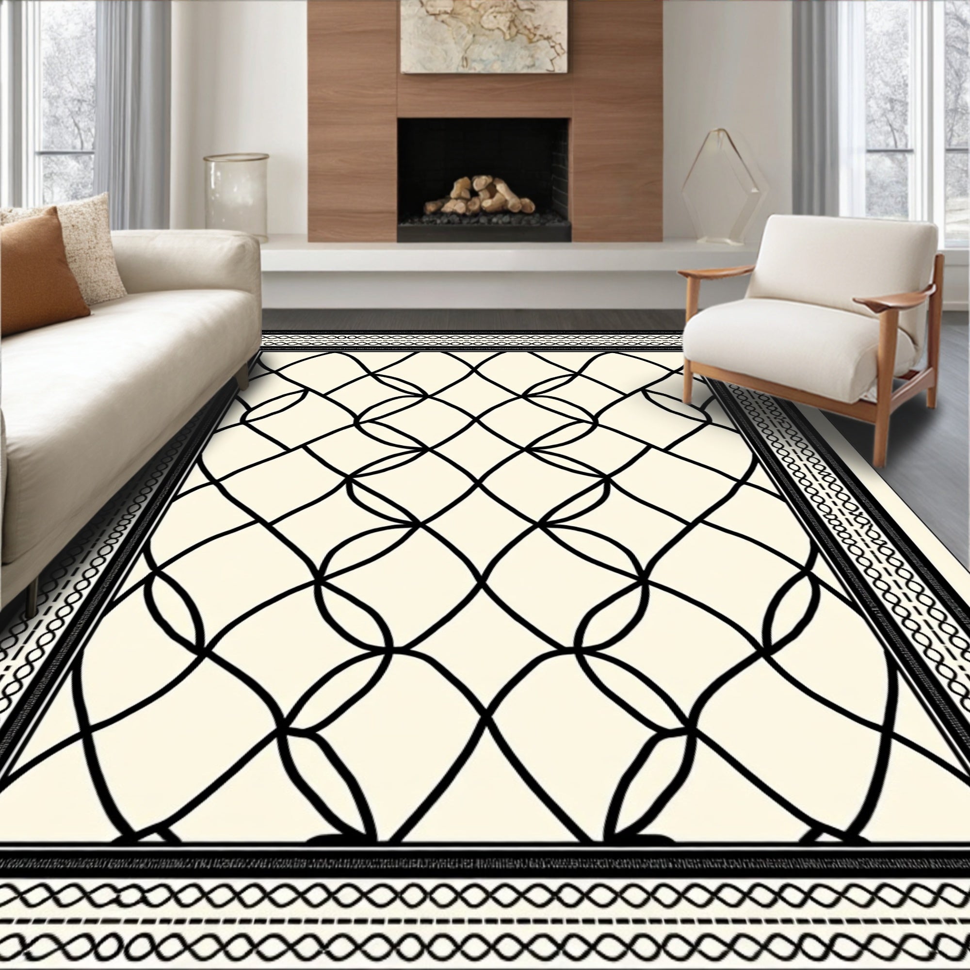 Cream Black Overlapping Diamond Frame Rug