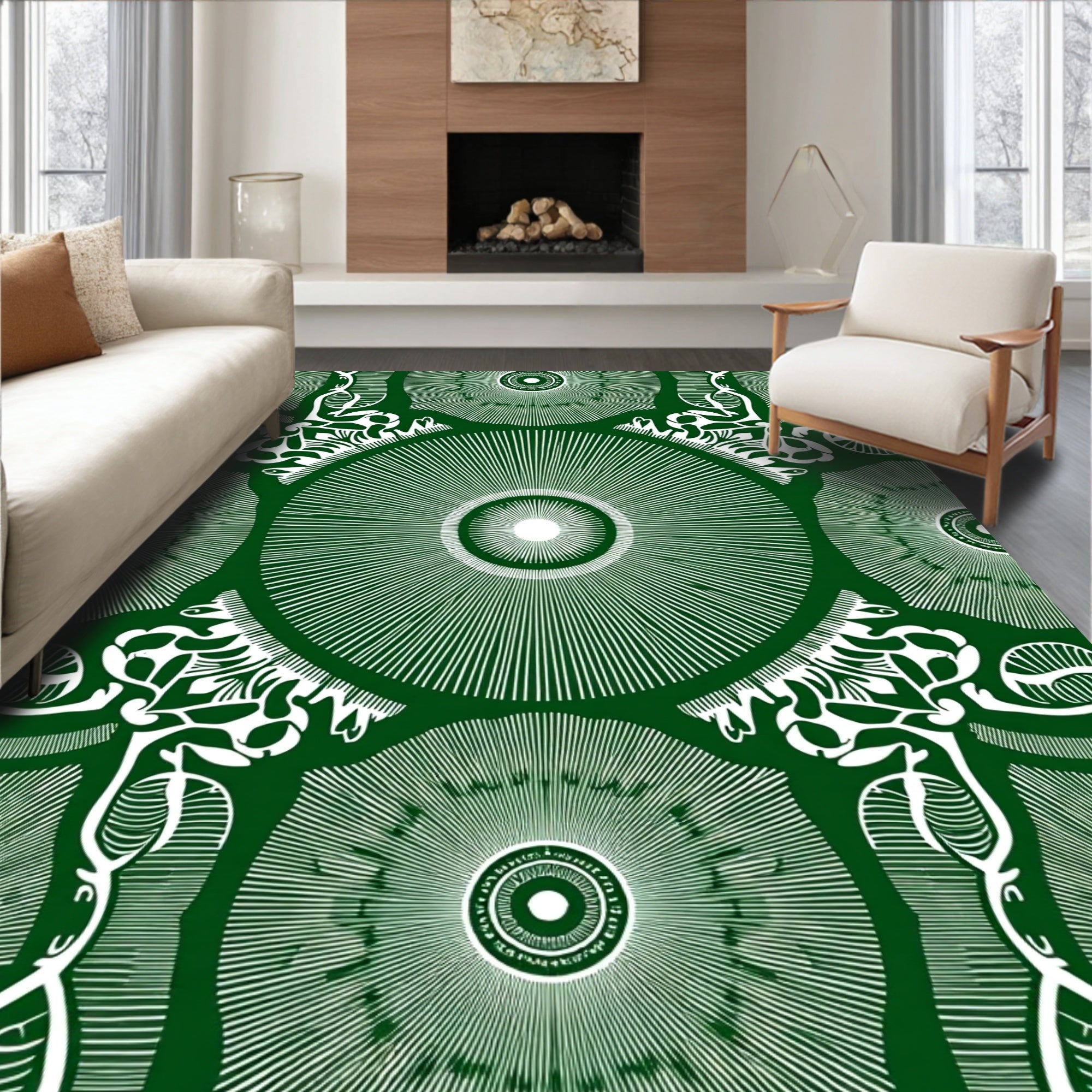 Emerald White Radial Medallion Scroll Rug