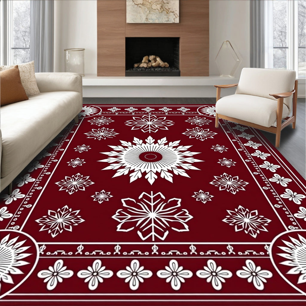Crimson White Mandala Floral Burst Rug