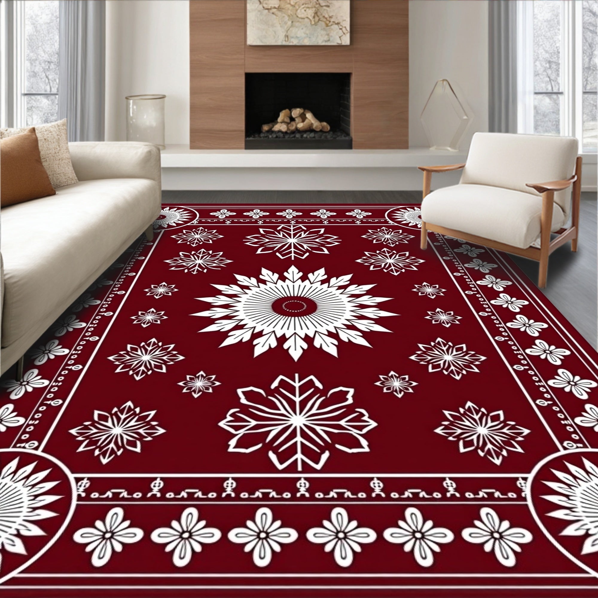 Crimson White Mandala Floral Burst Rug
