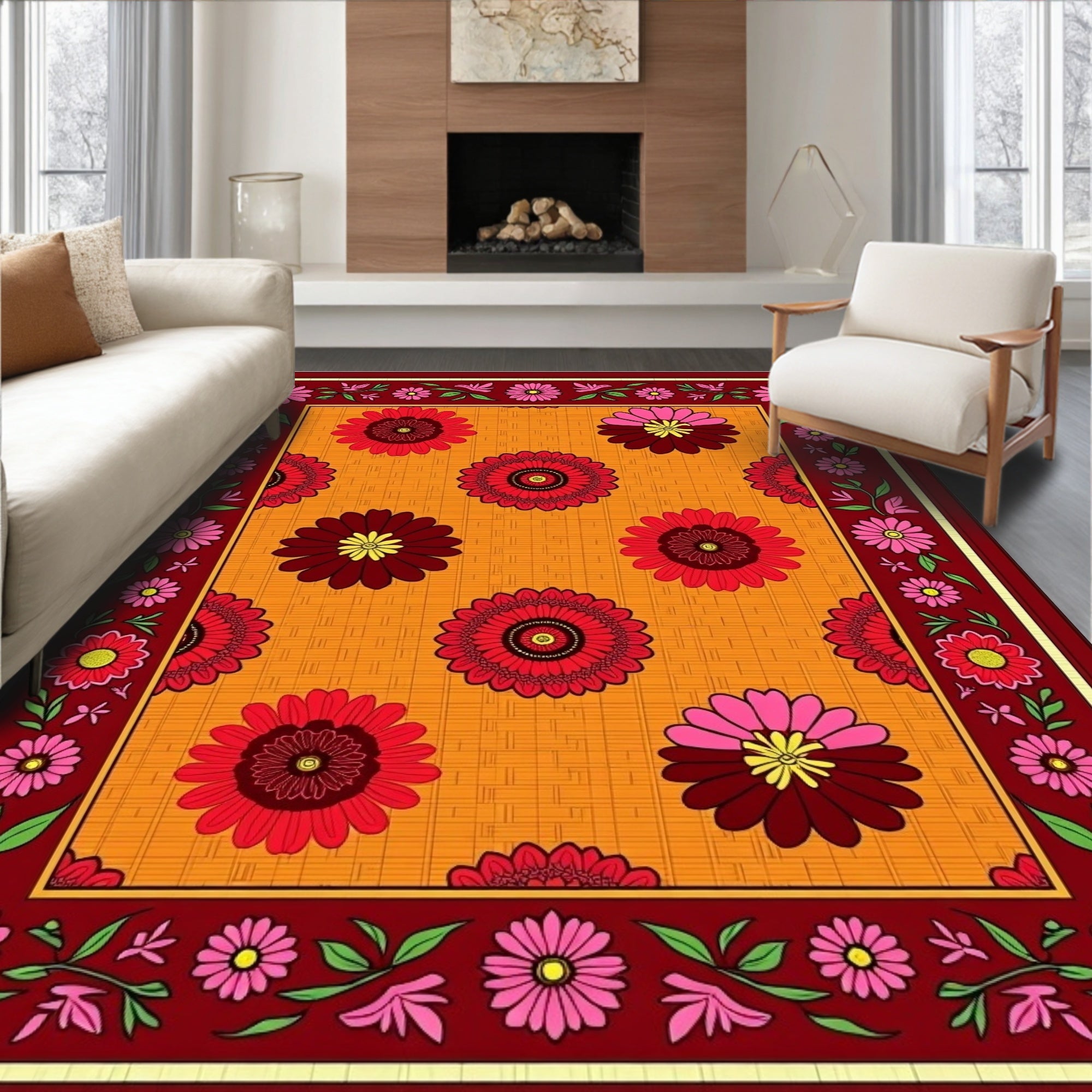 Scarlet Crimson Floral Sunburst Rug