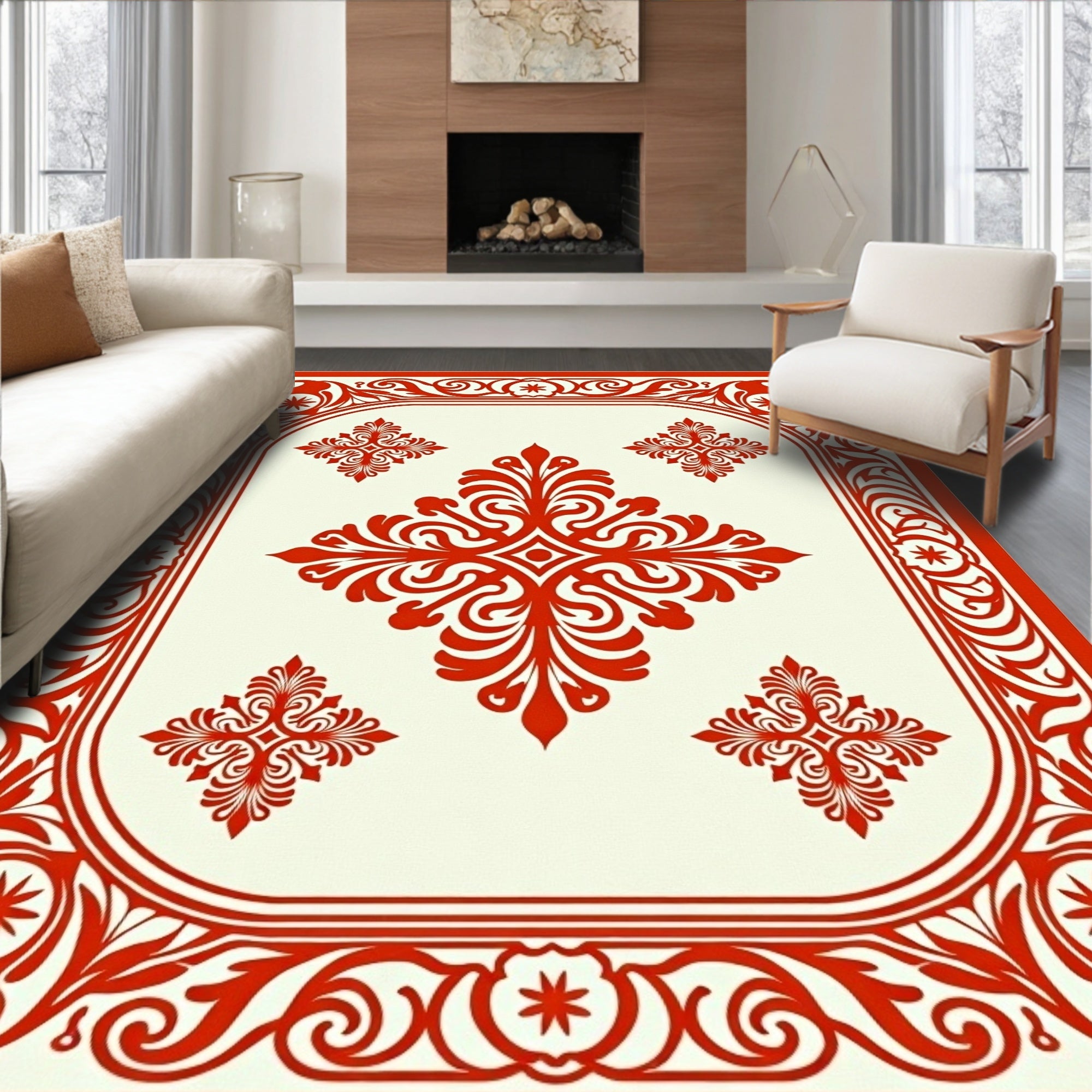 Crimson Crested Floral Frame Rug