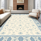 Ornate Cream Blue Bordered Scrollwork Rug