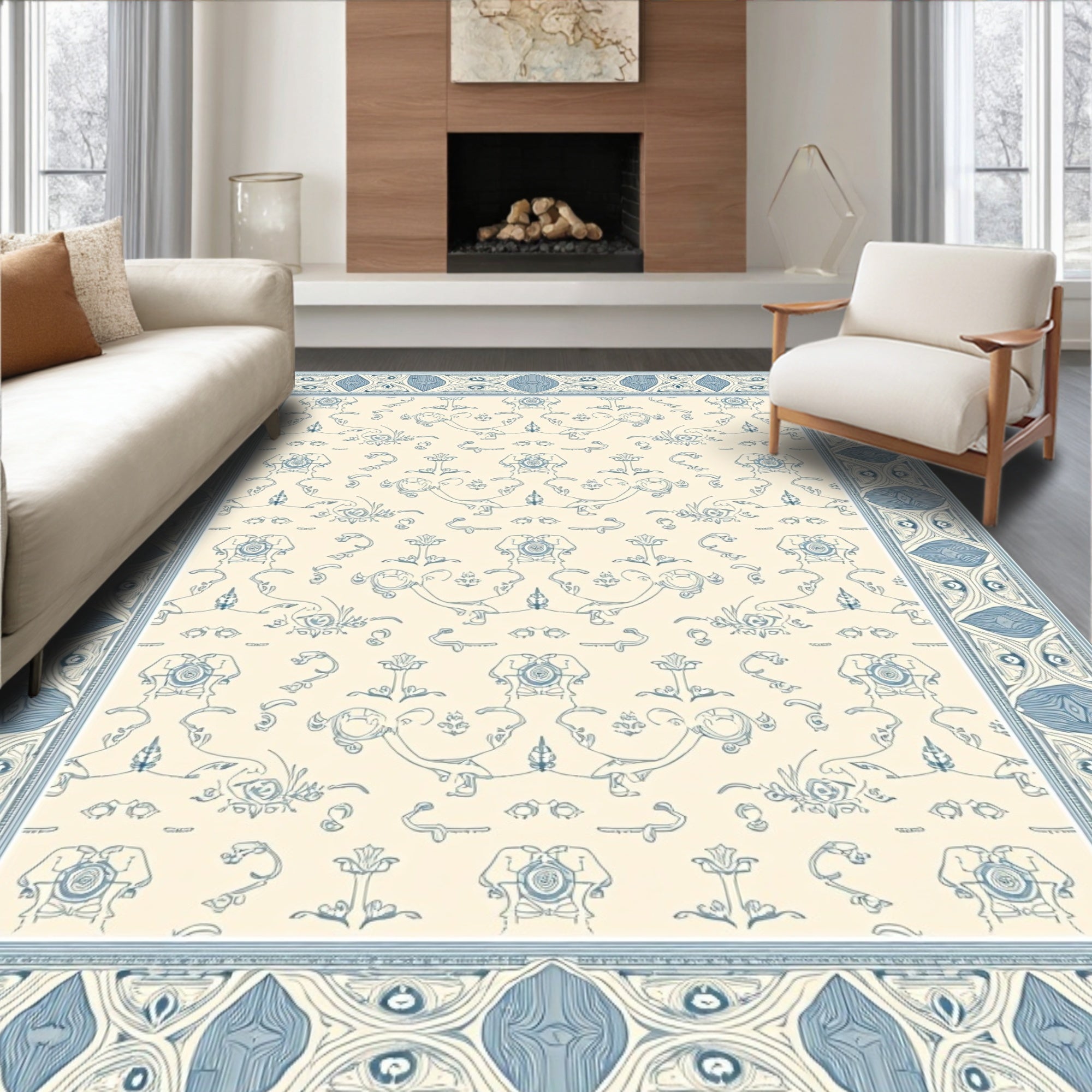 Ornate Cream Blue Bordered Scrollwork Rug