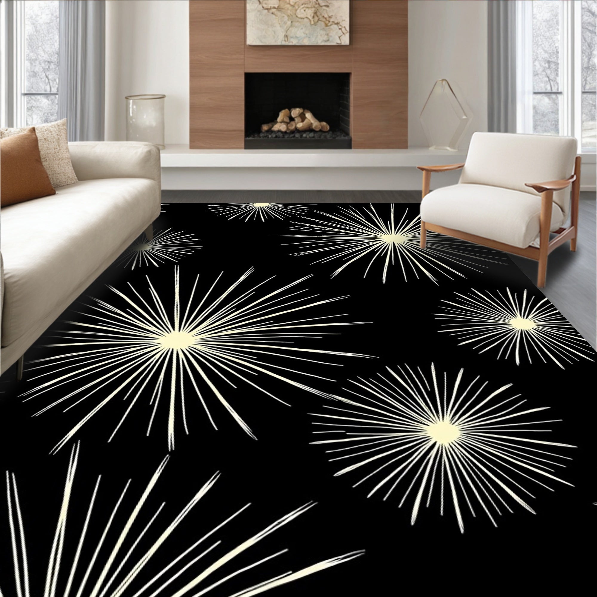 Cream Burst Starburst on Black Rug