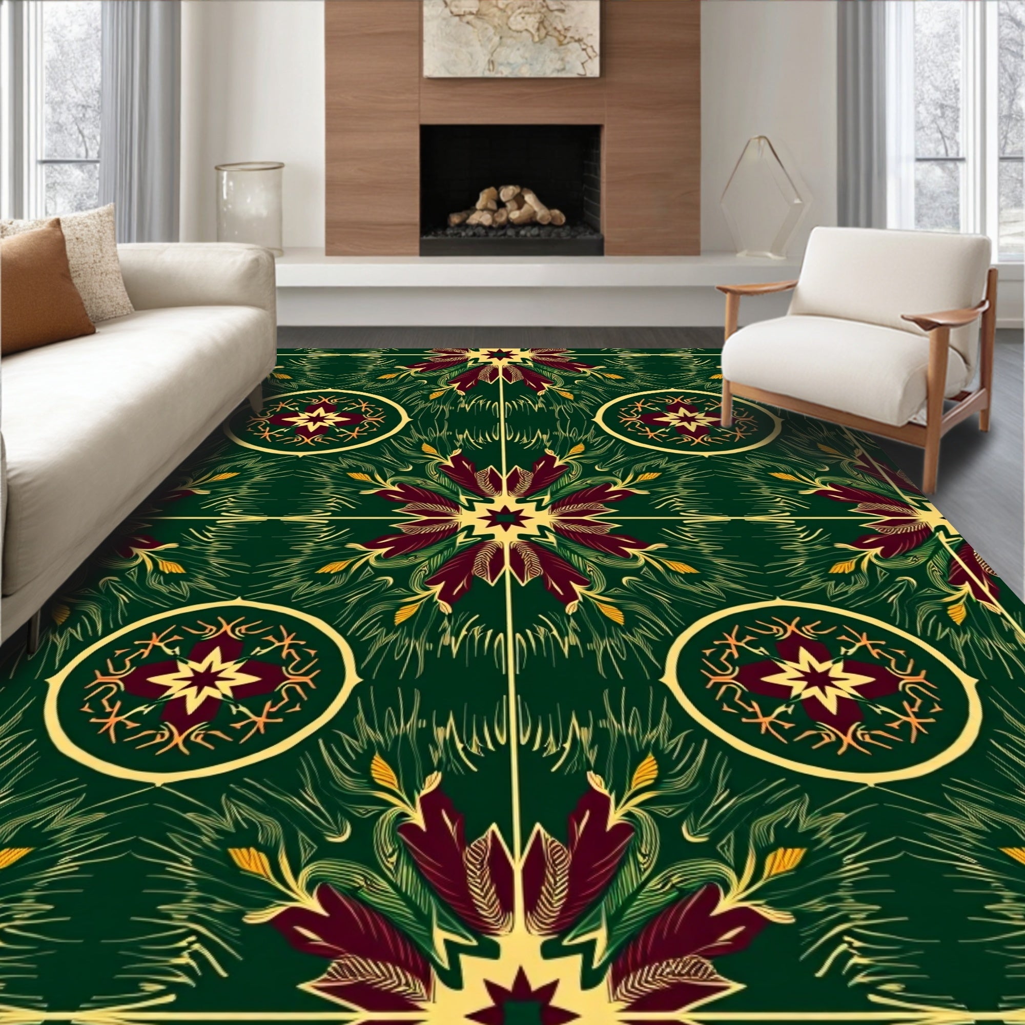 Deep Green Burgundy Sunburst Medallion Rug