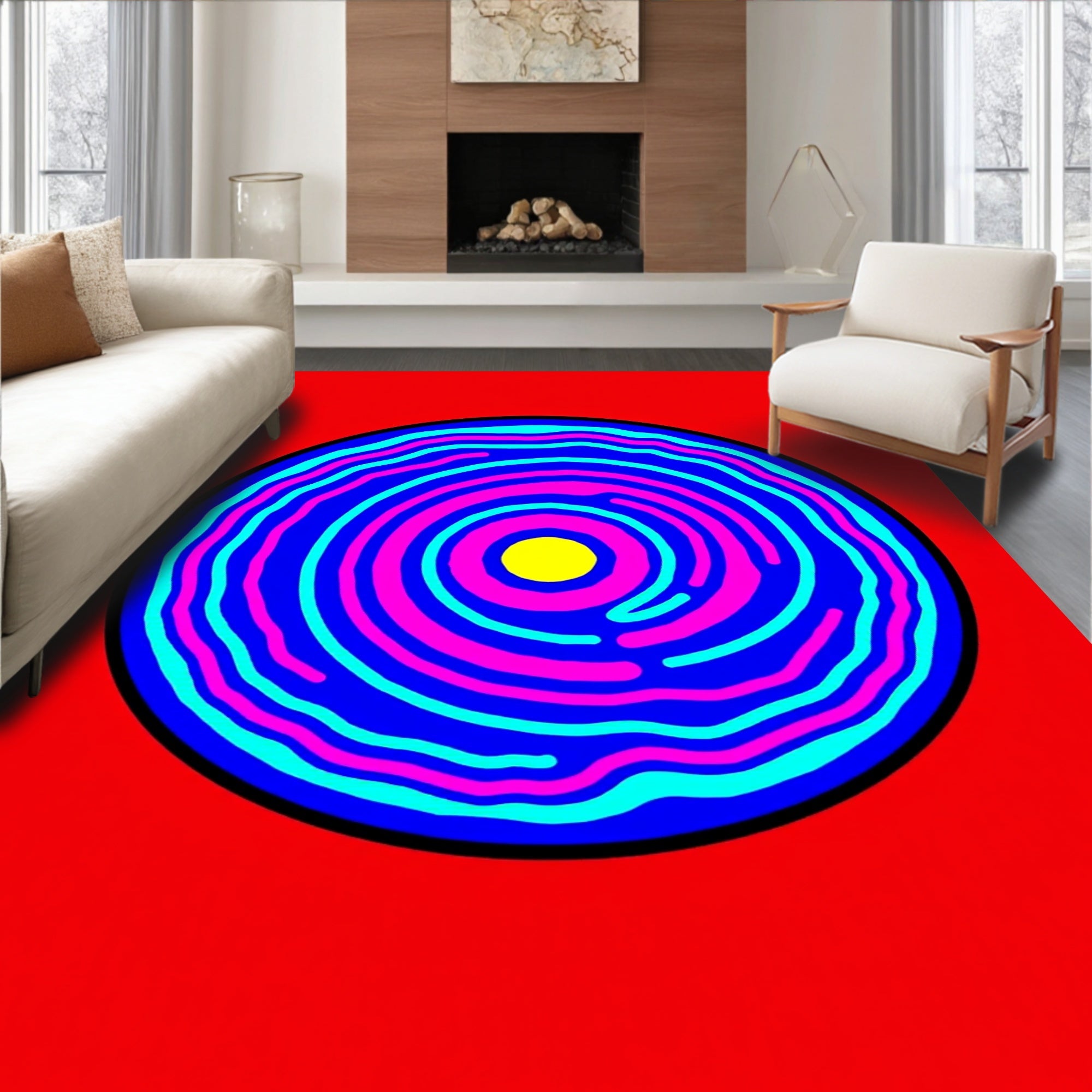Vibrant Blue Pink Yellow Concentric Waves Rug