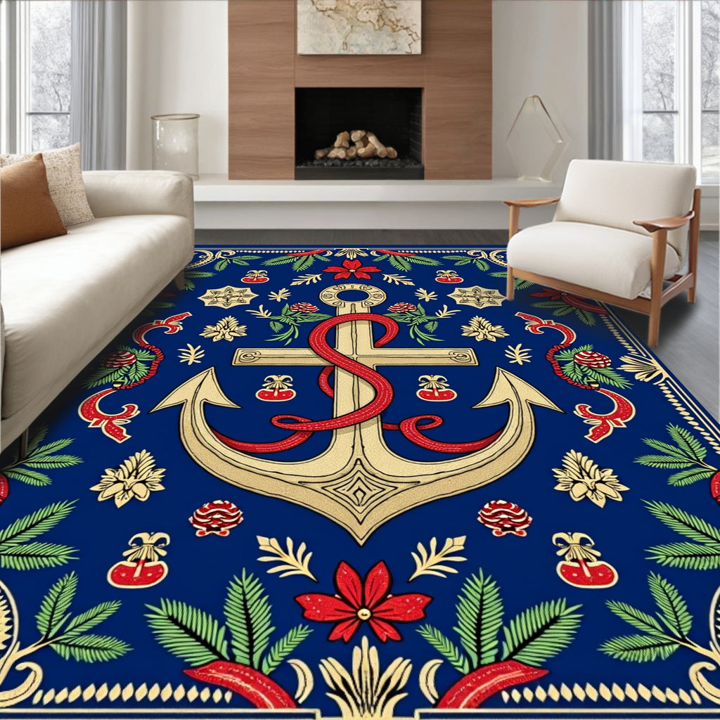 Naval Gold Anchor Red Ribbon Foliage Rug