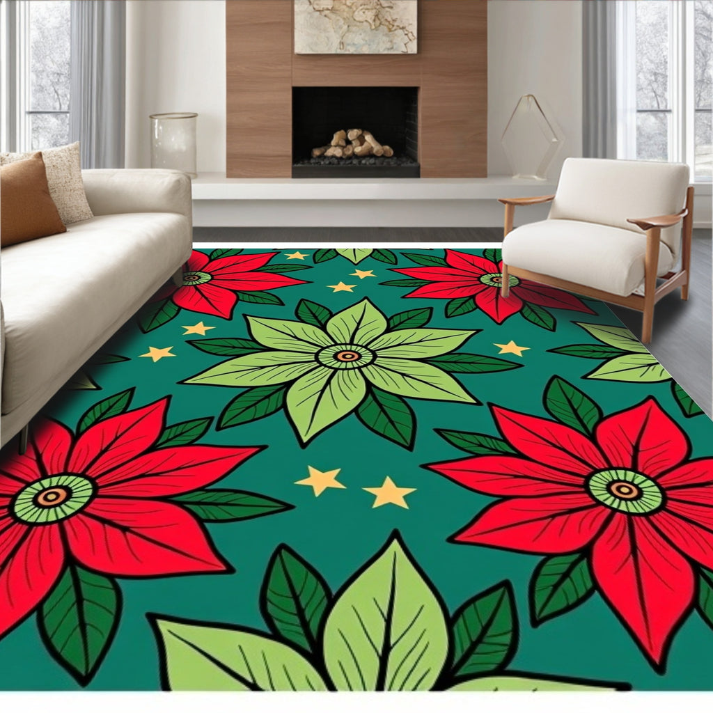 Red Green Poinsettia Star Background Rug