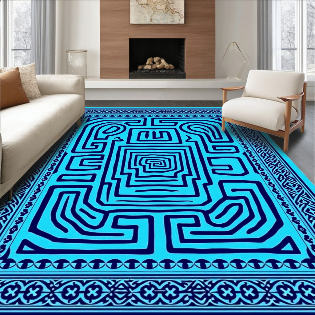 Vibrant Aqua Maze Border Rug