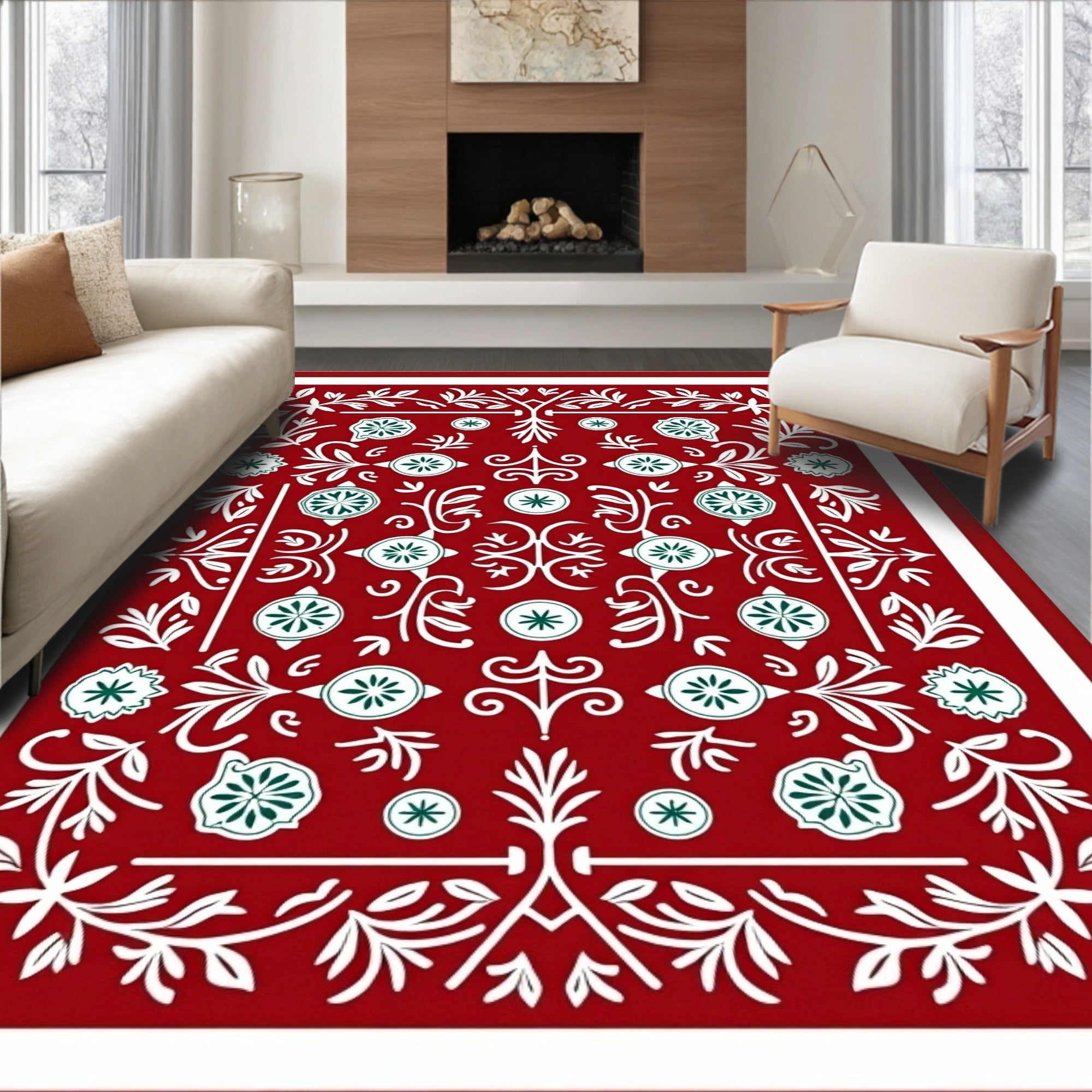 Red White Green Floral Medallion Rug