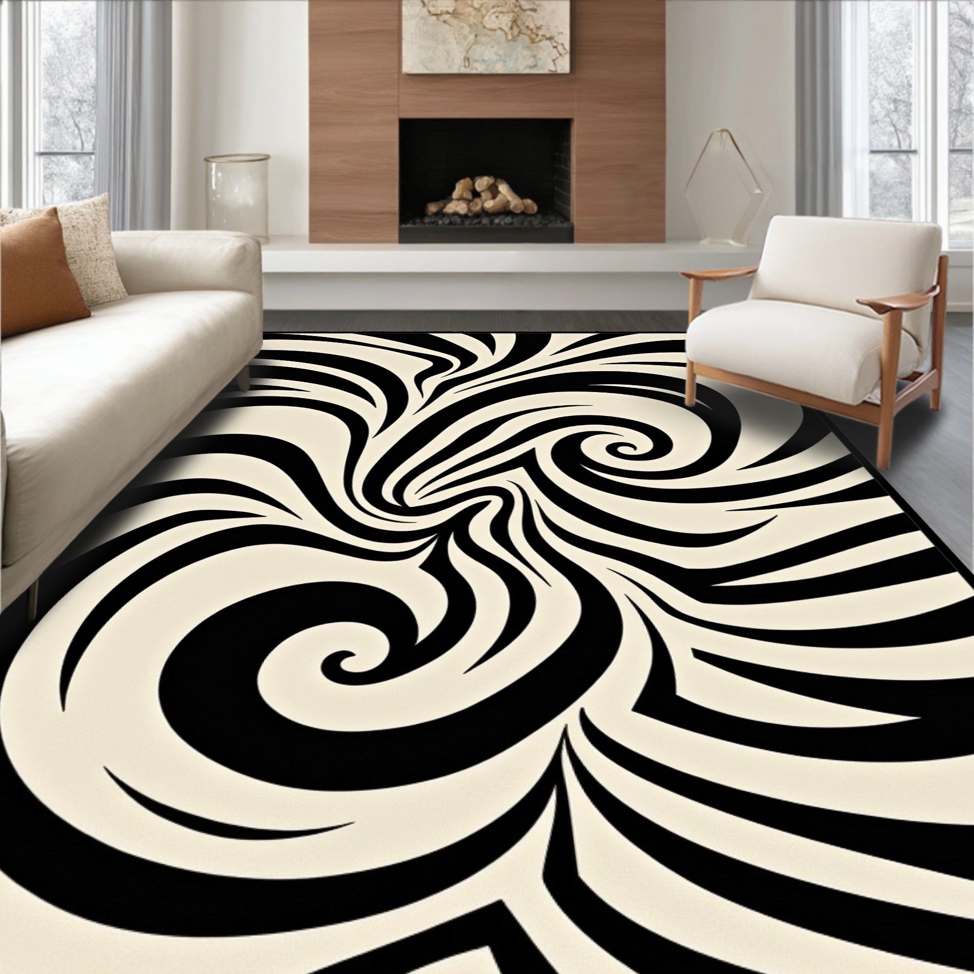 Black Cream Swirl Abstract Rug