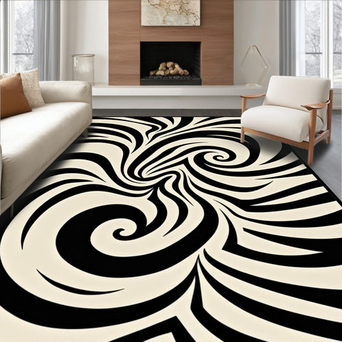 Black Cream Swirl Abstract Rug