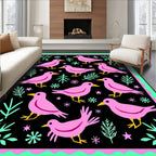 Pink Birds Aqua Foliage Black Background Rug