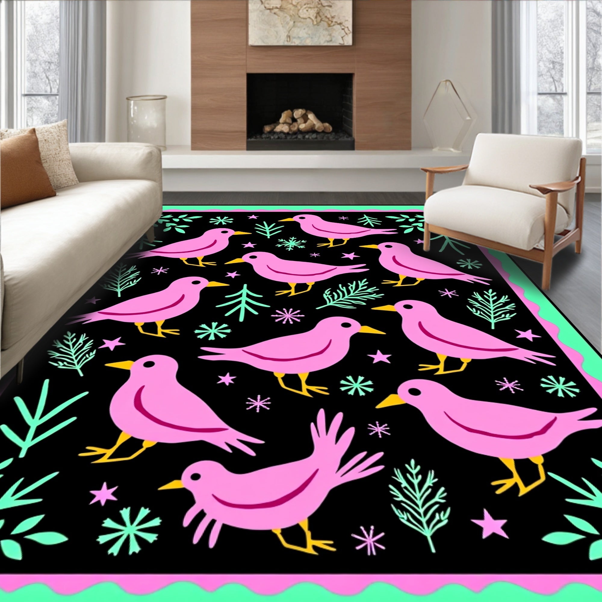 Pink Birds Aqua Foliage Black Background Rug