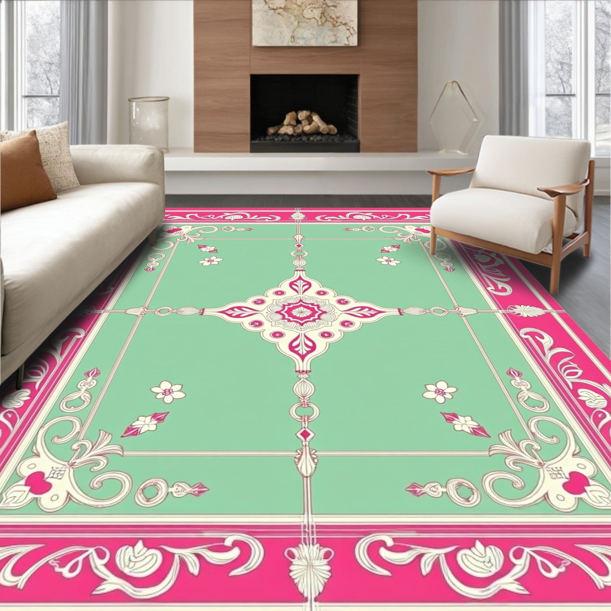 Vibrant Pink Mint Floral Medallion Rug
