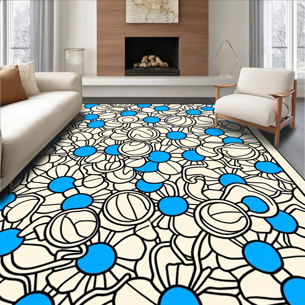 Cream Blue Daisy Garden Abstract Rug