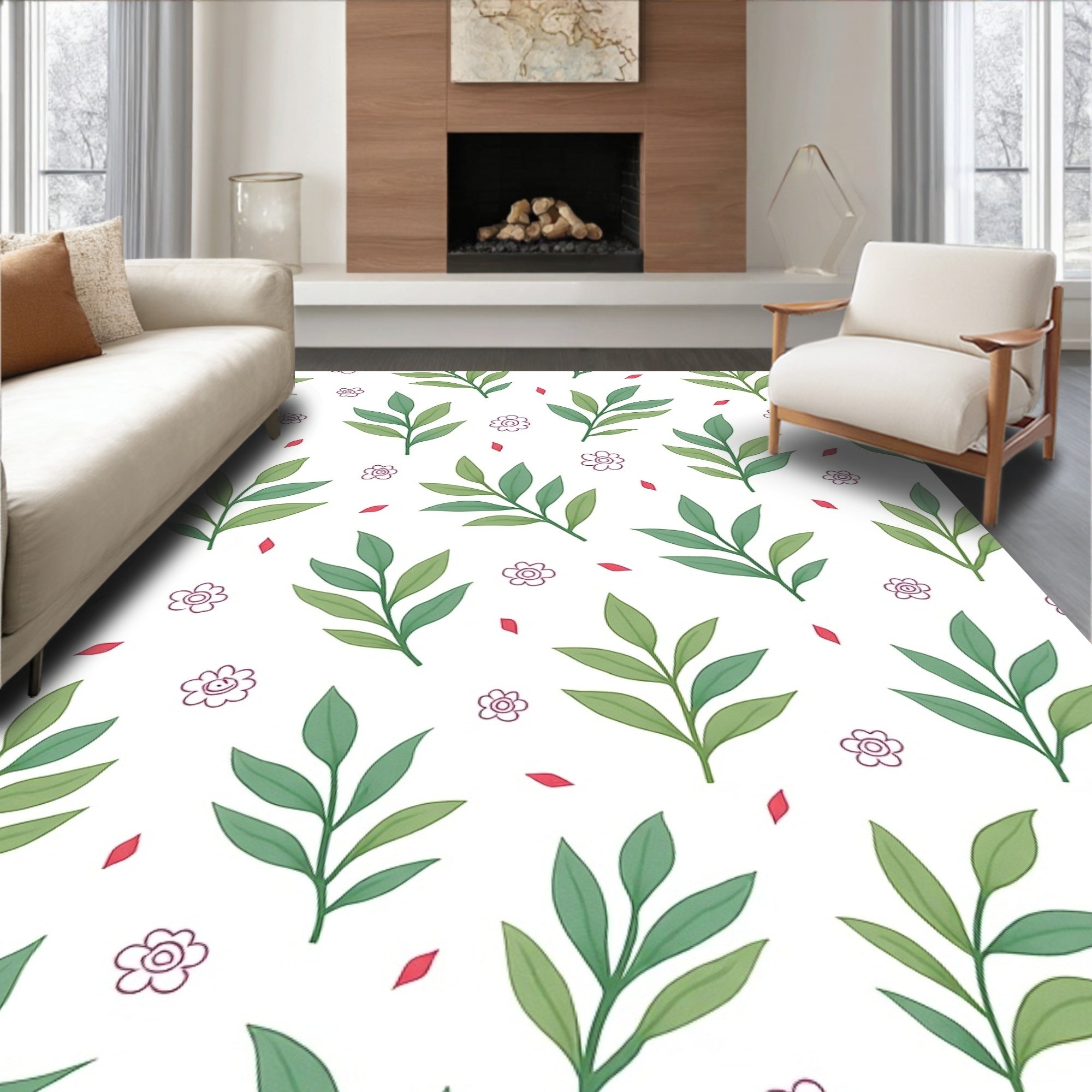 Green Leafy Branch Scatters With Blossoms Rug