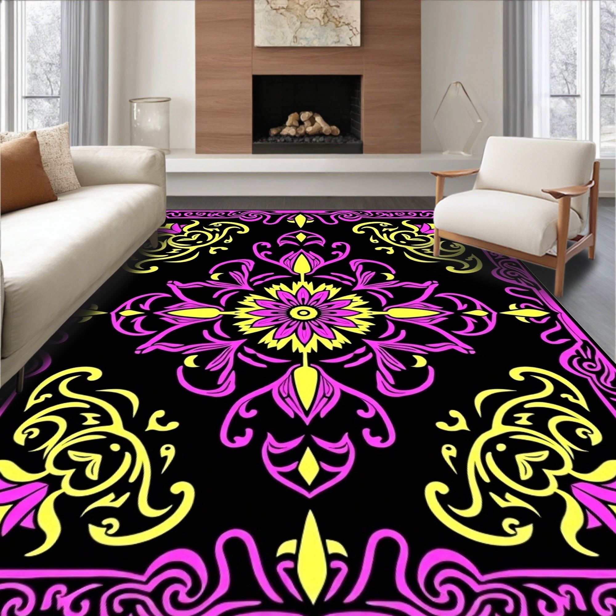 Vibrant Pink Yellow Floral Medallion Rug