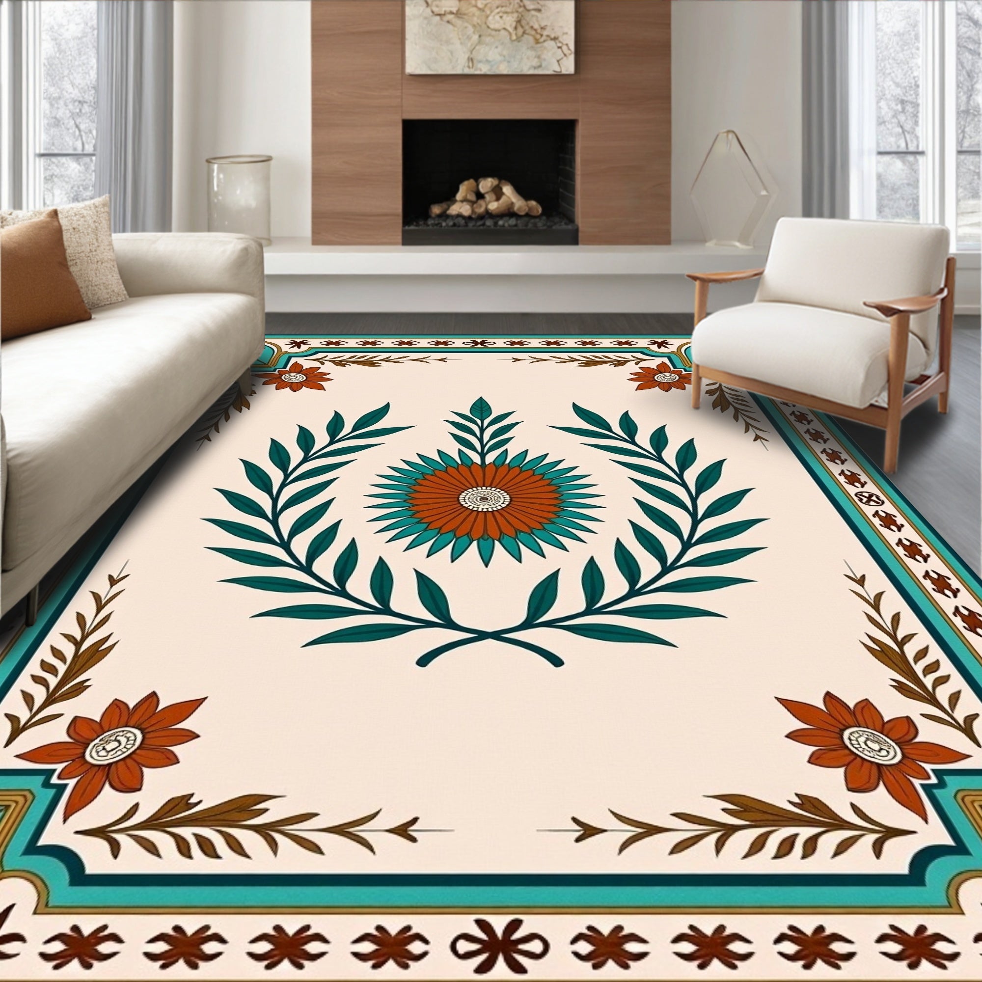 Terracotta Peacock Floral Laurel Frame Rug