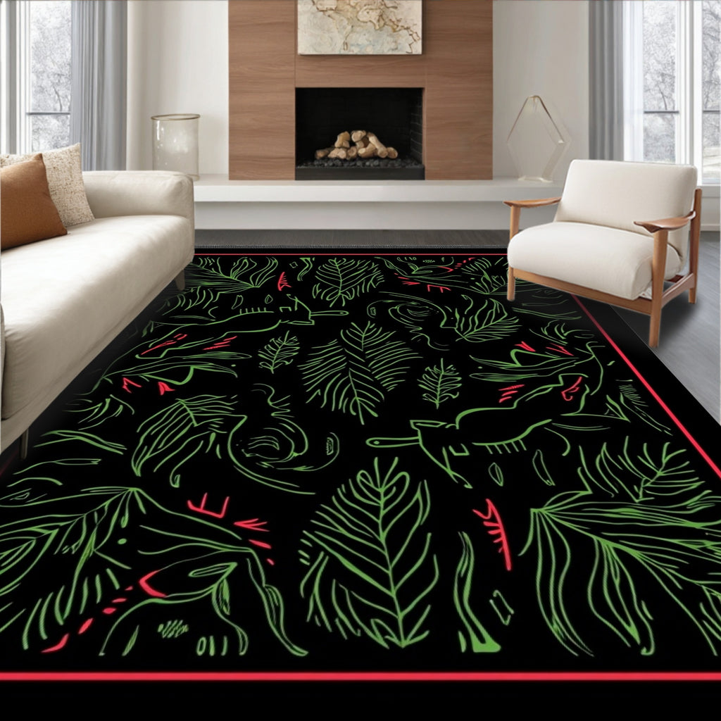 Black Jungle Animals Foliage Rug
