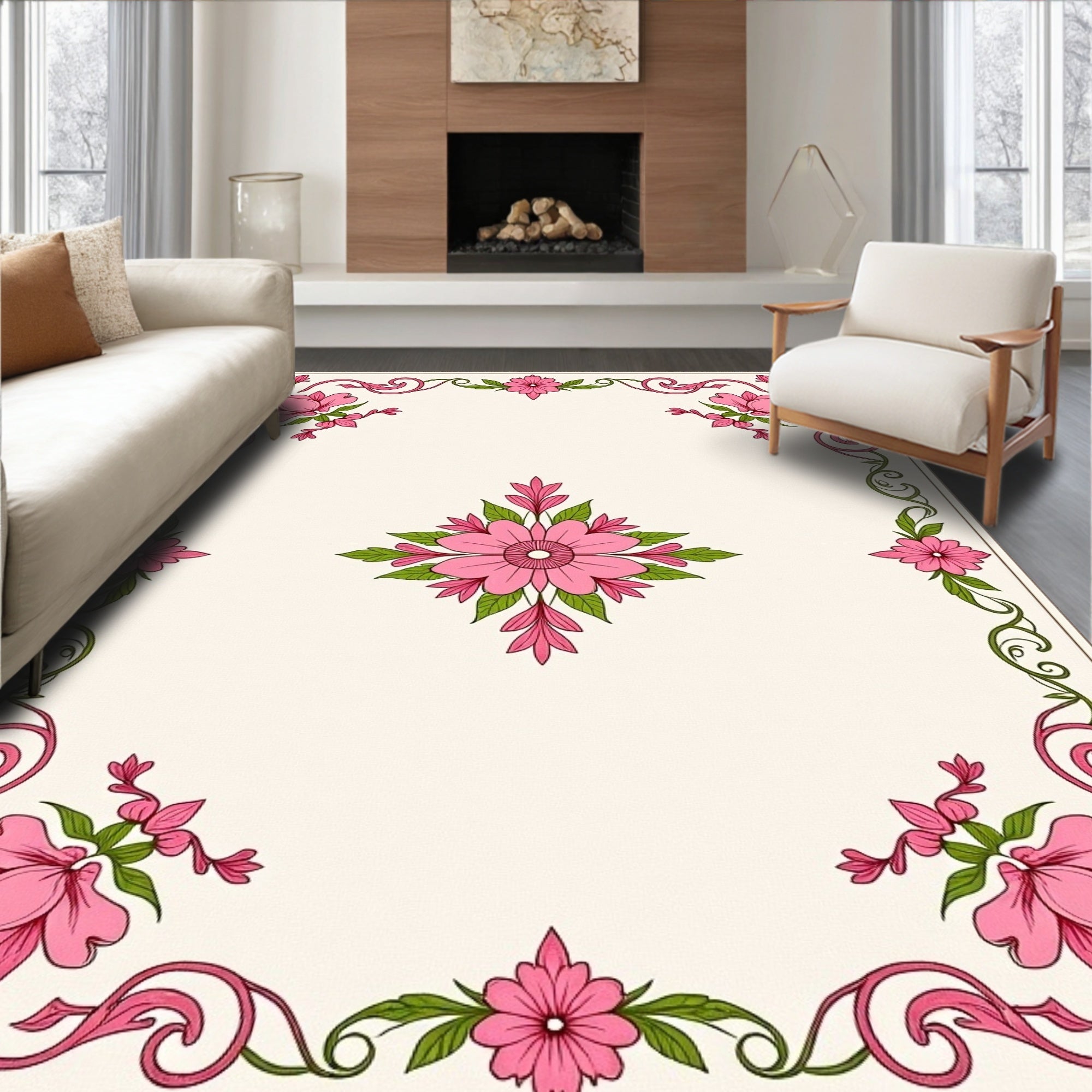 Pink Blossom Border Fern Flourish Rug