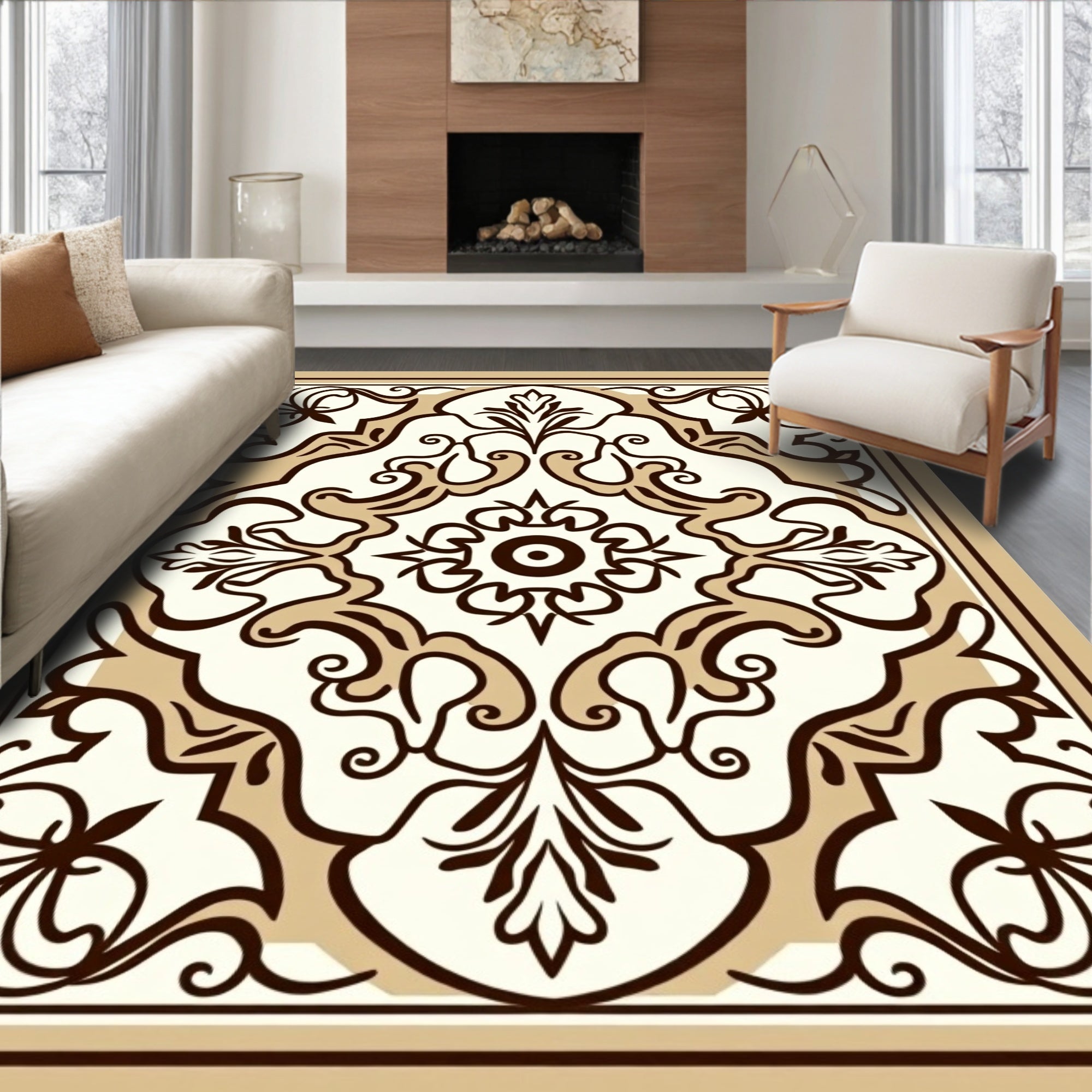 Cream Brown Ornamental Floral Medallion Rug