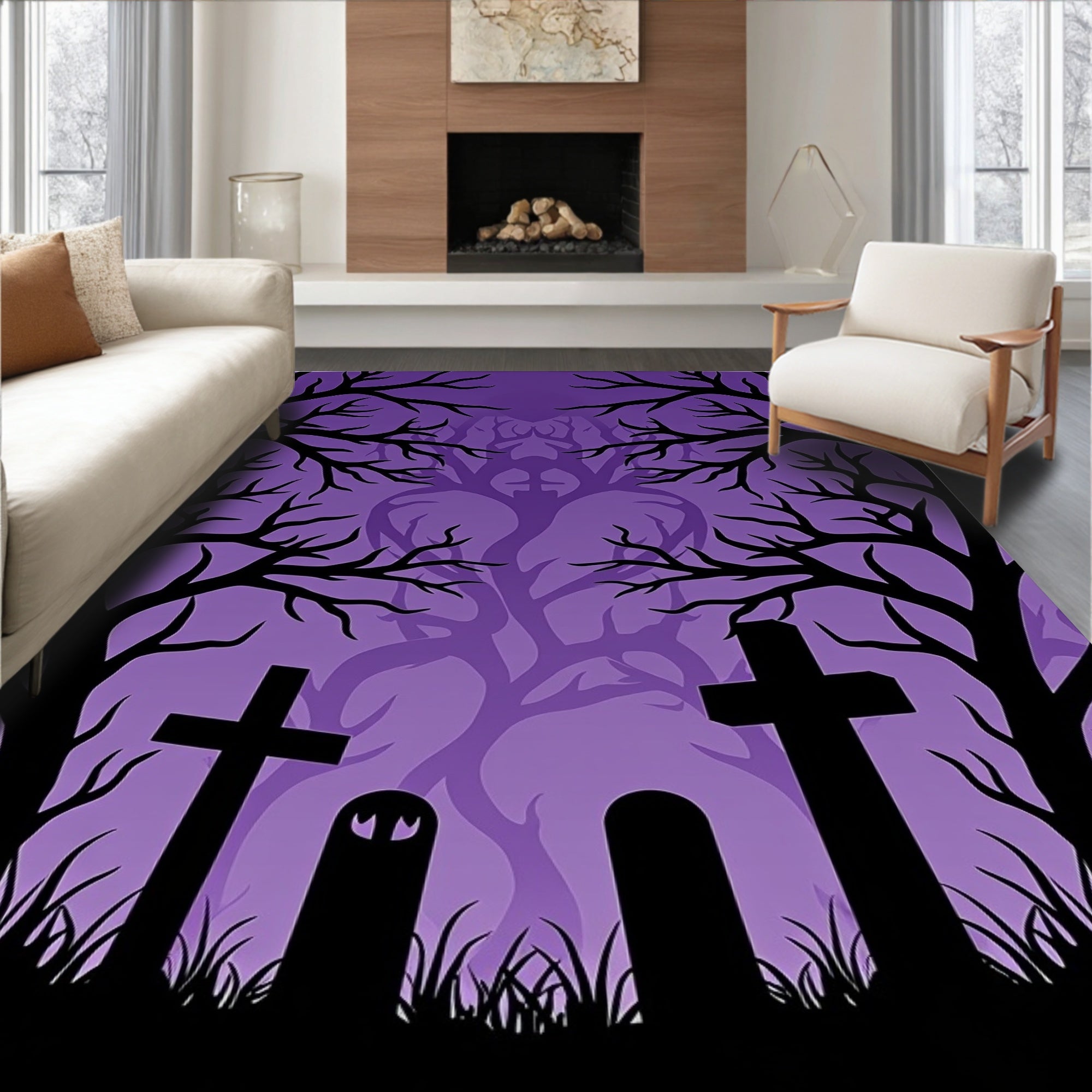 Spooky Purple Ghostly Cemetery Trees Rug