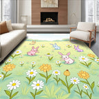 Playful Bunnies Meadow Floral Scene Rug