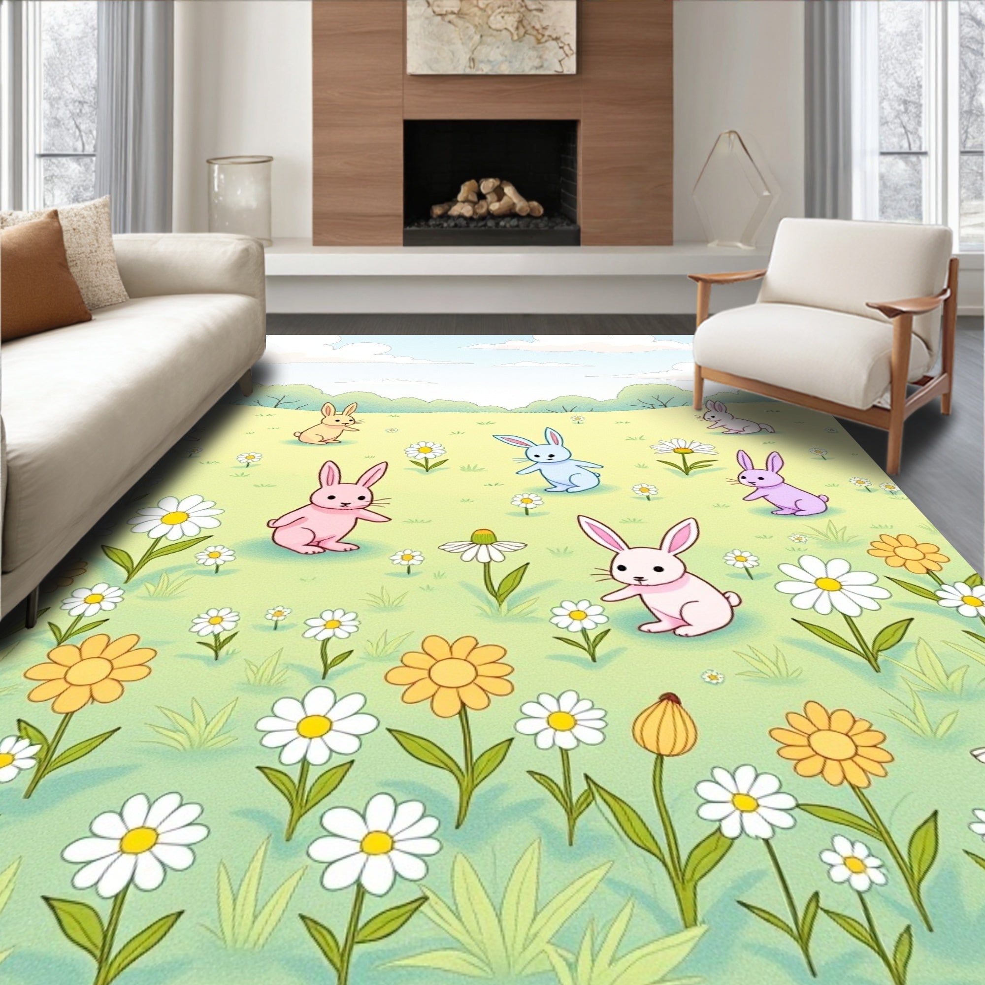 Playful Bunnies Meadow Floral Scene Rug