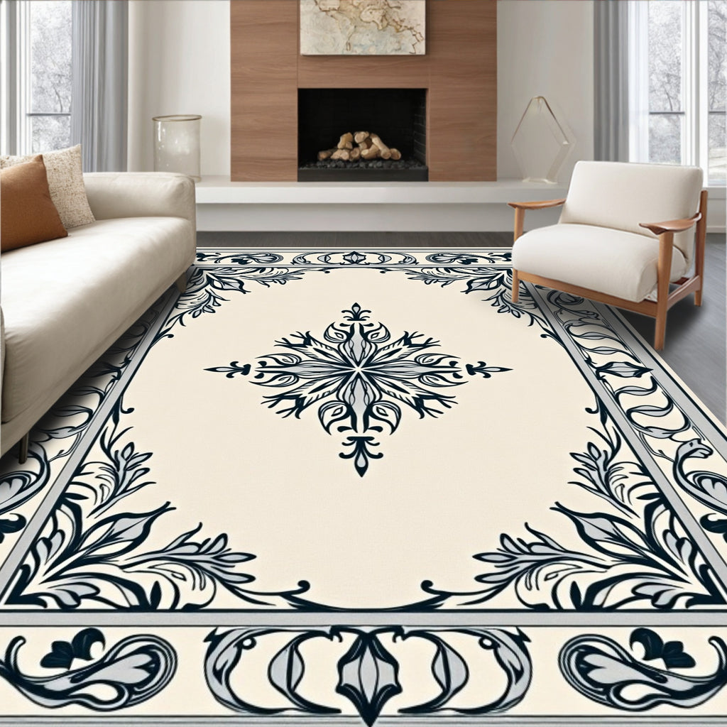 Classic Ivory Dark Floral Border Rug