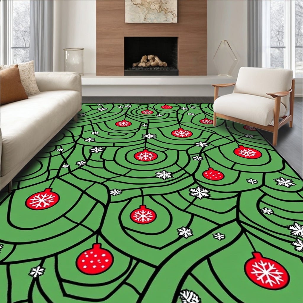 Red Bauble Snowflake Branches Rug