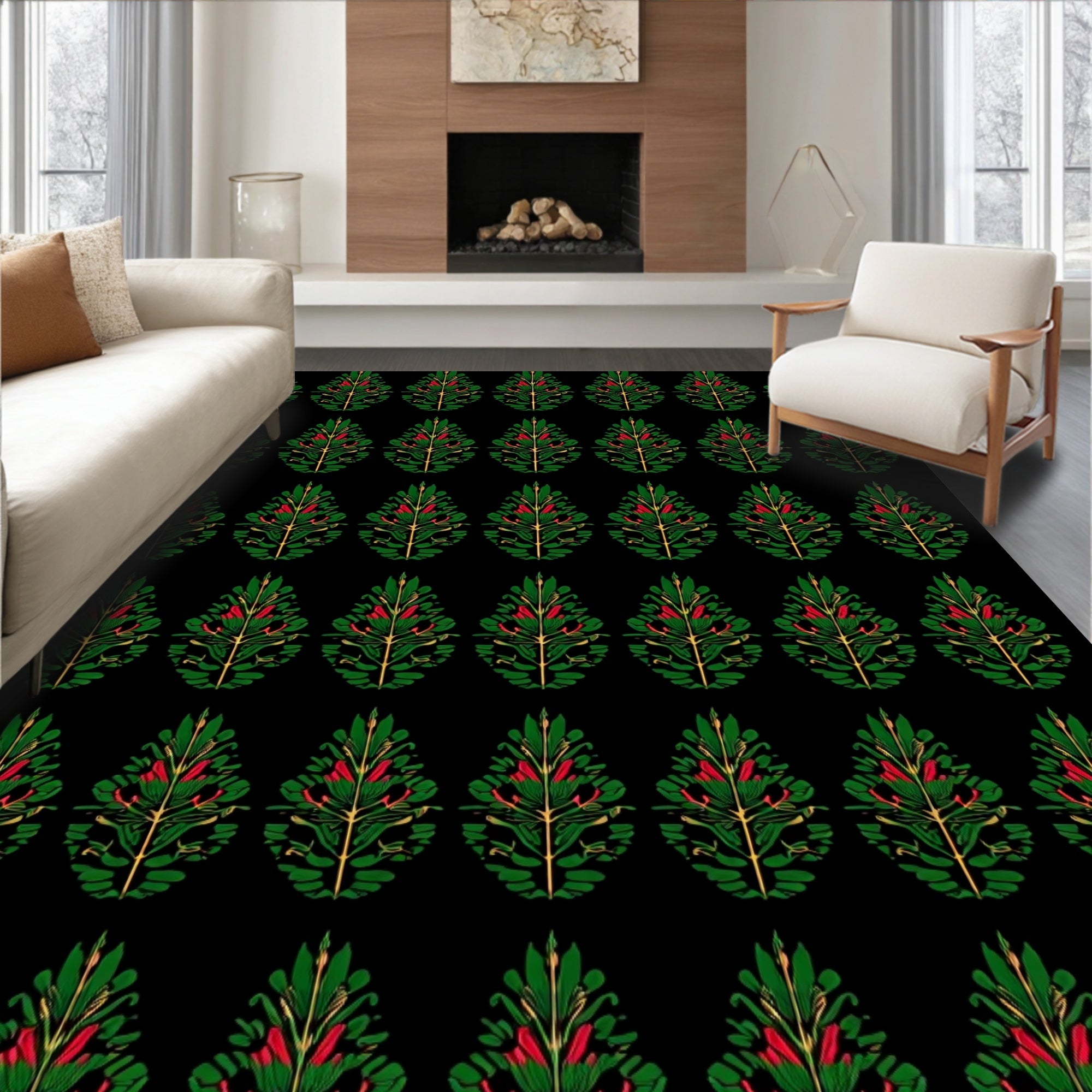 Elegant Green Red Tree Garland Rug