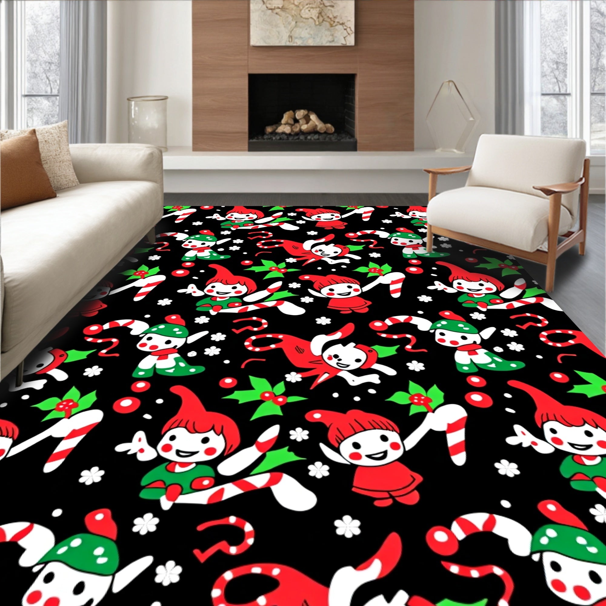 Festive Elves with Candy Canes Black Rug