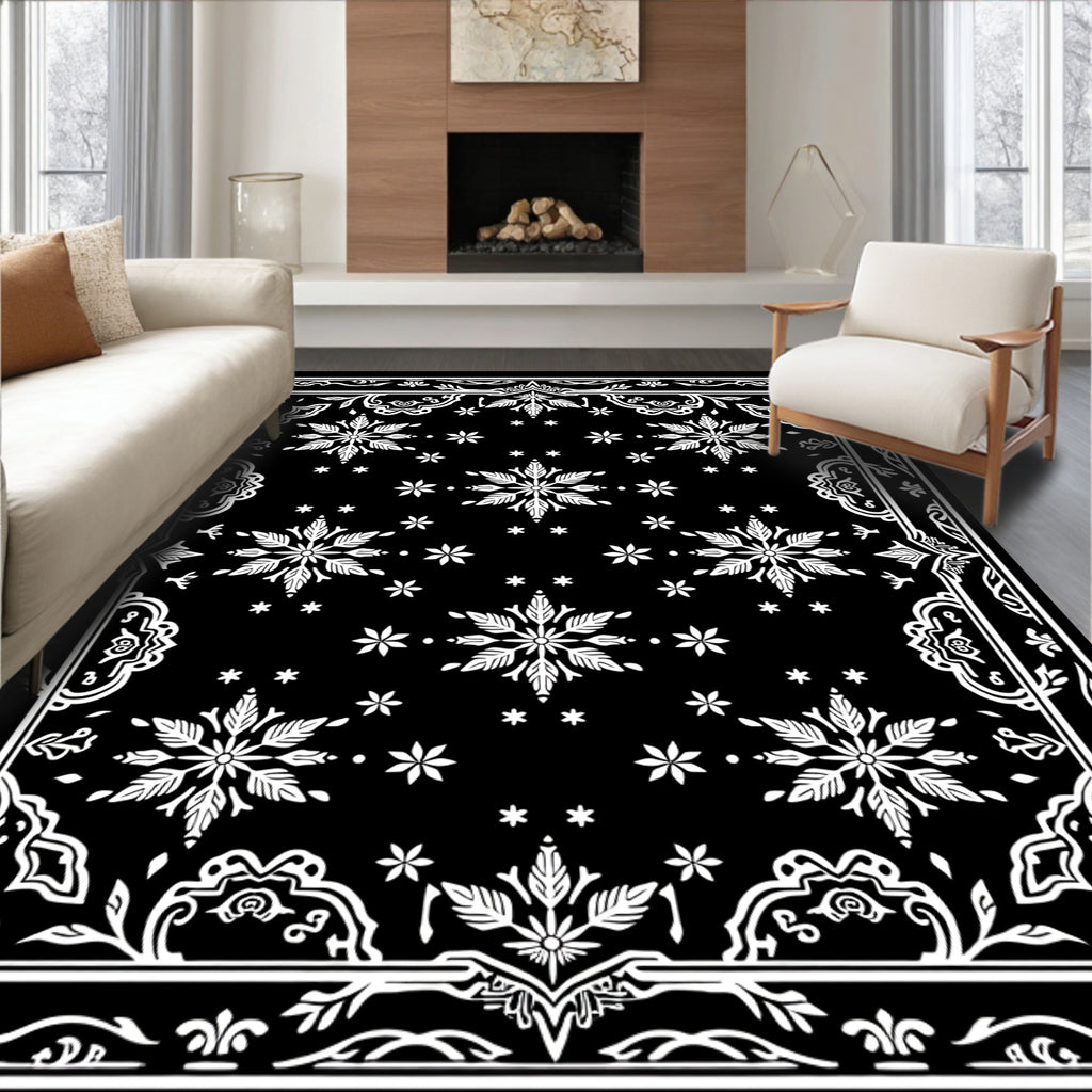 Black White Snowflake Medallion Border Rug
