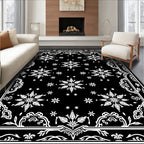 Black White Snowflake Medallion Border Rug
