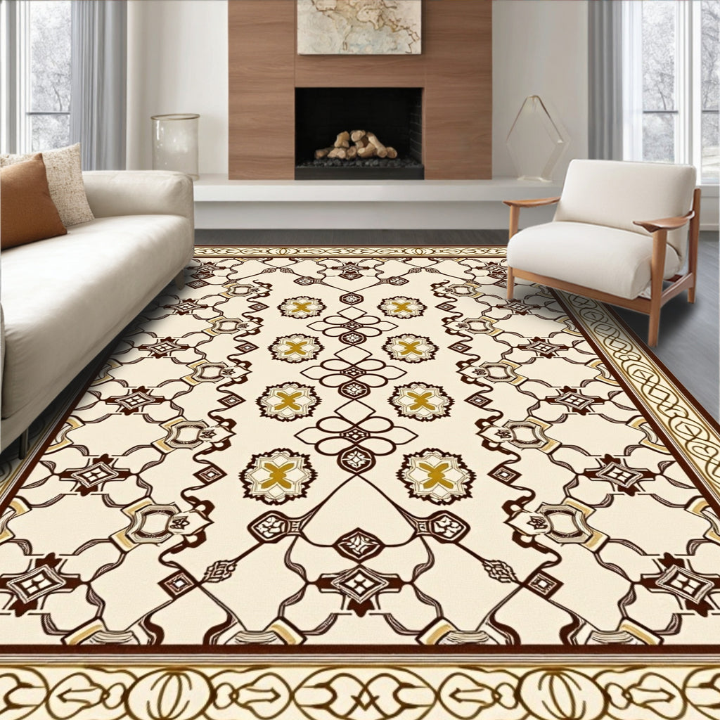 Cream Brown Medallion Geometric Border Rug