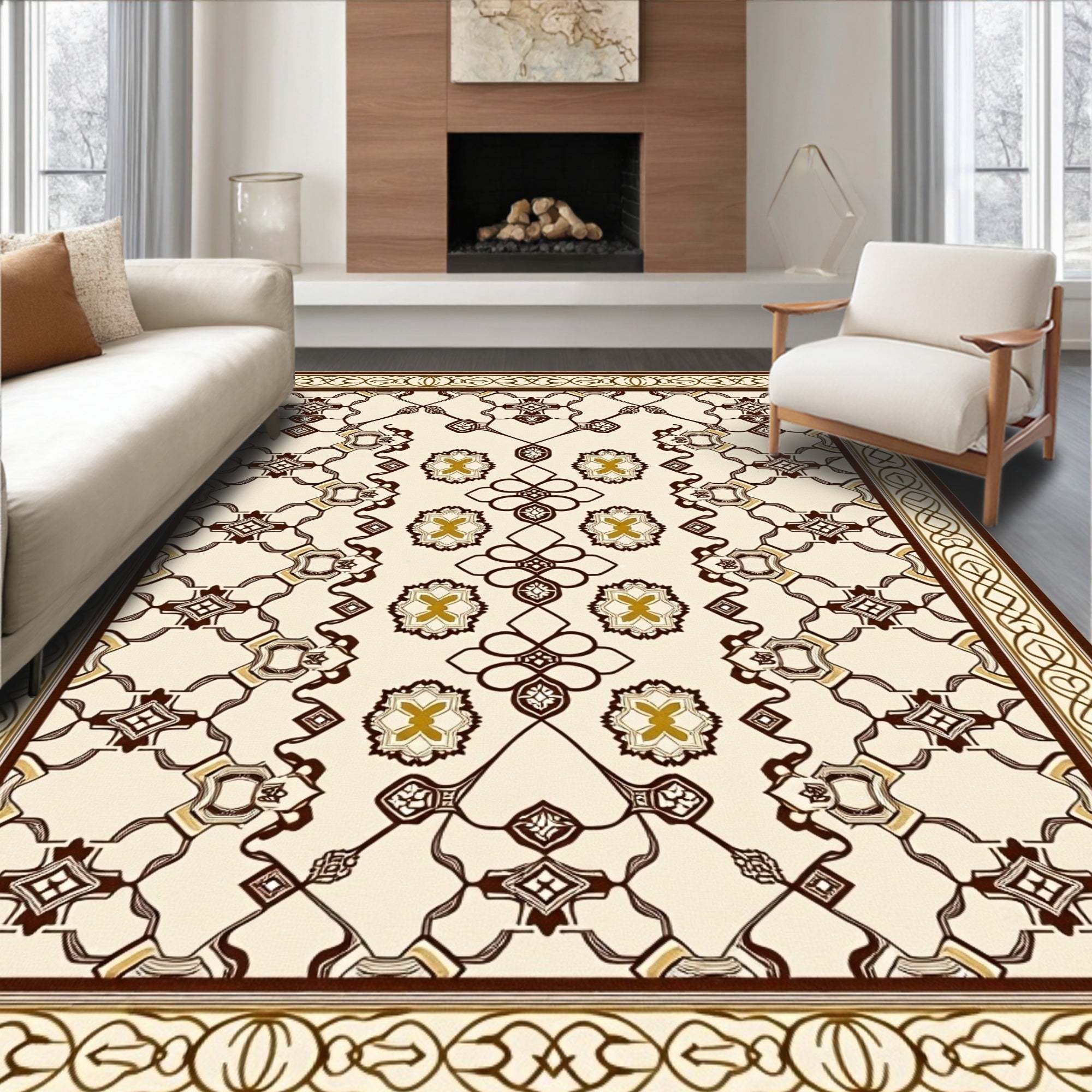 Cream Brown Medallion Geometric Border Rug
