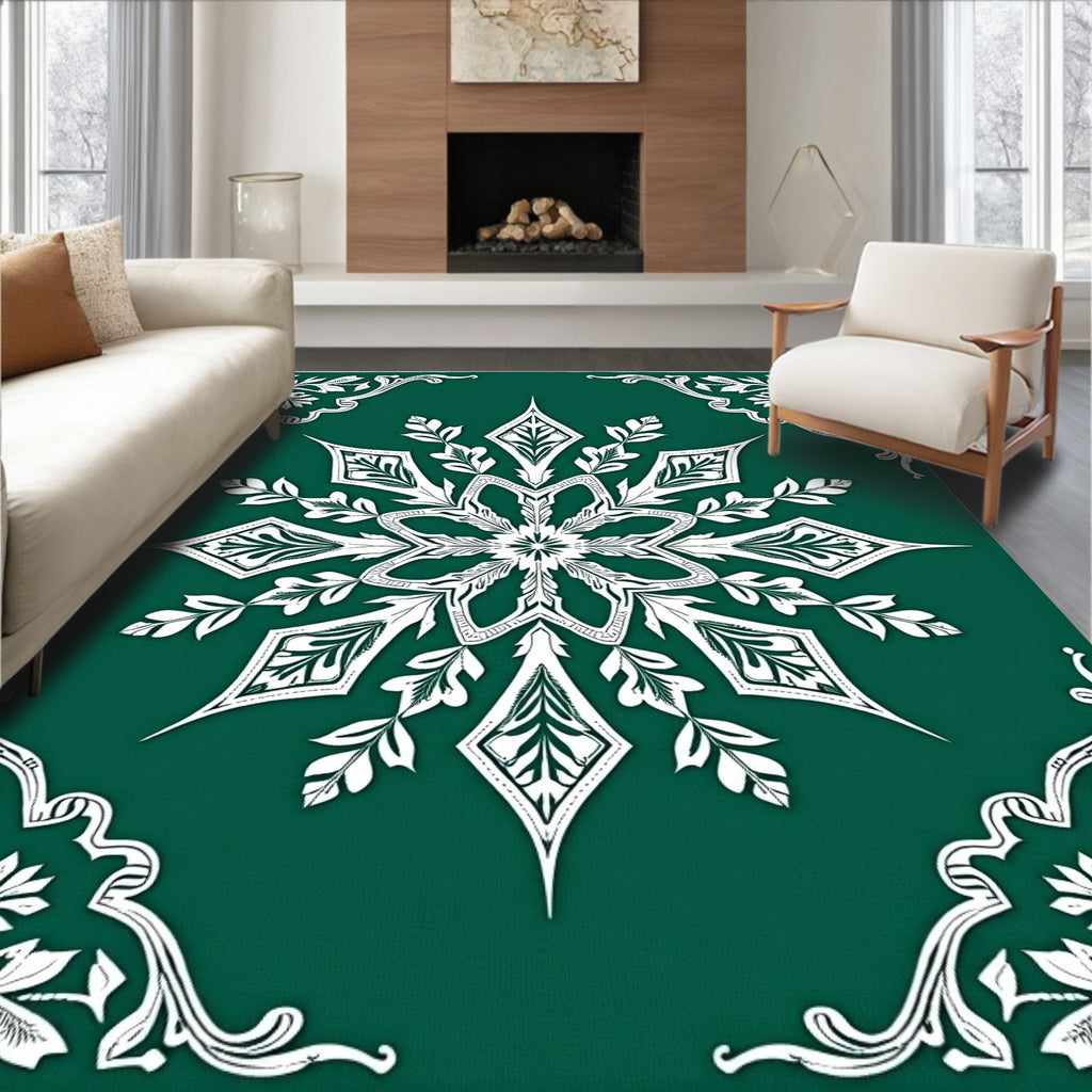 Deep Green White Scrollwork Medallion Rug