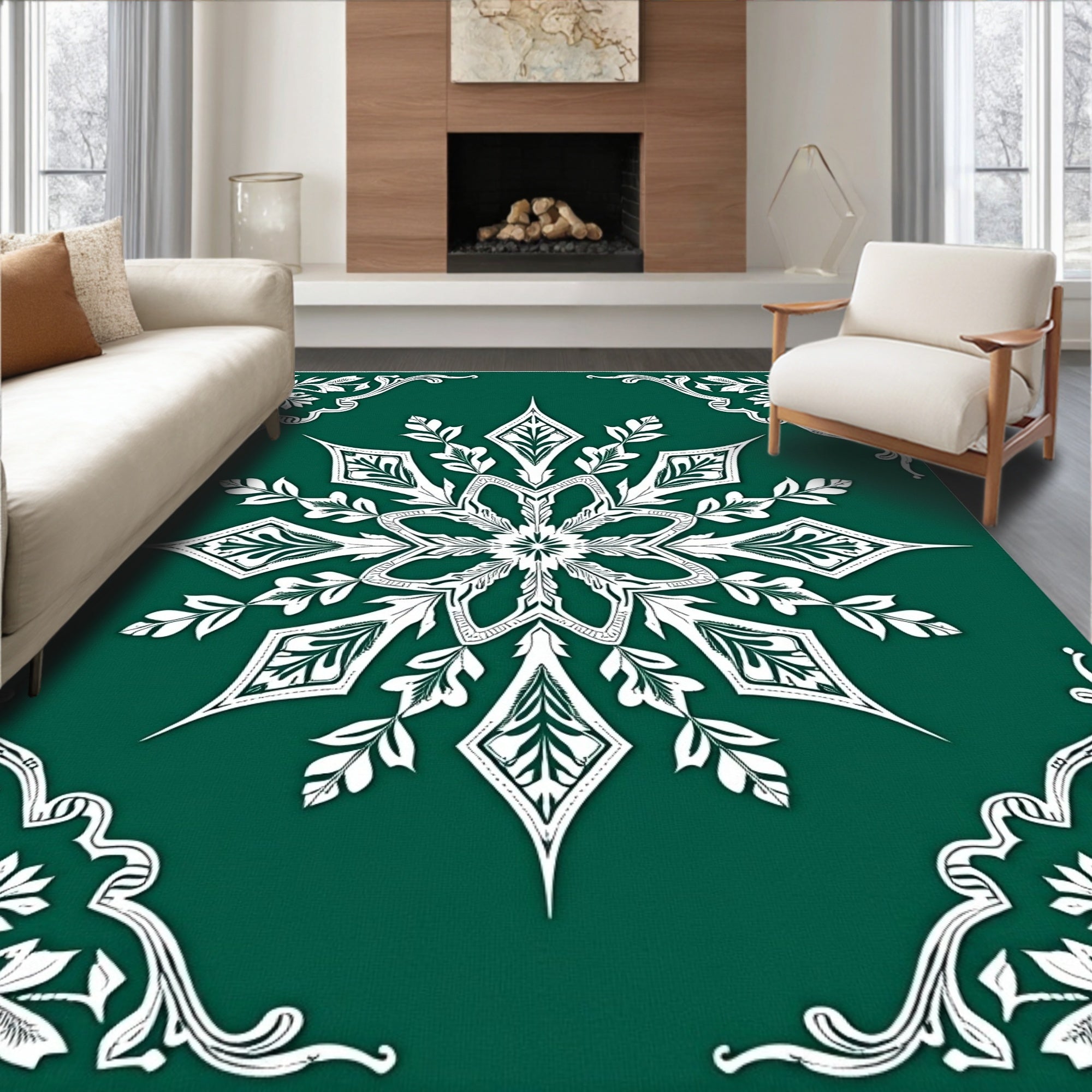 Deep Green White Scrollwork Medallion Rug