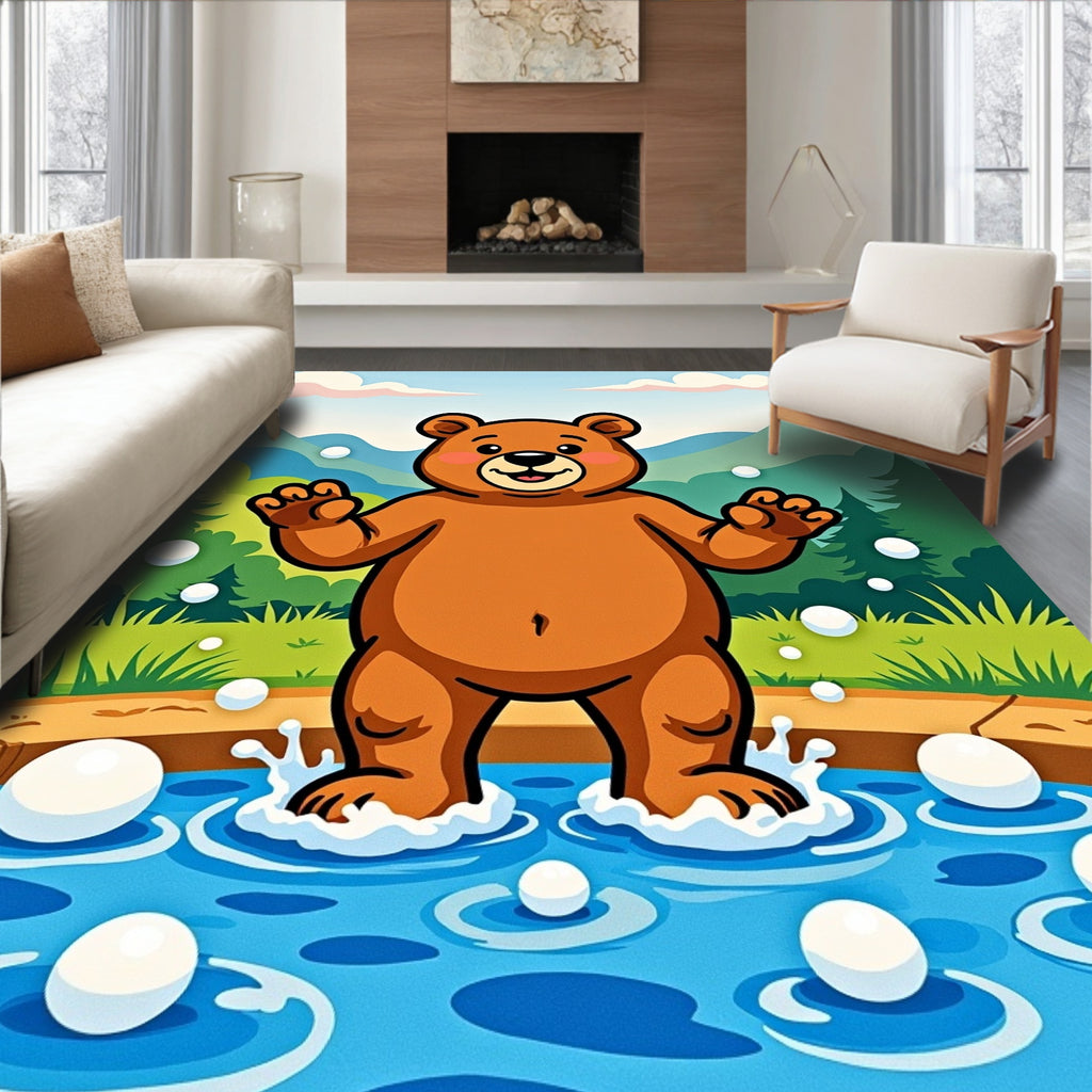 Playful Brown Bear in Blue Water Bubbles Rug