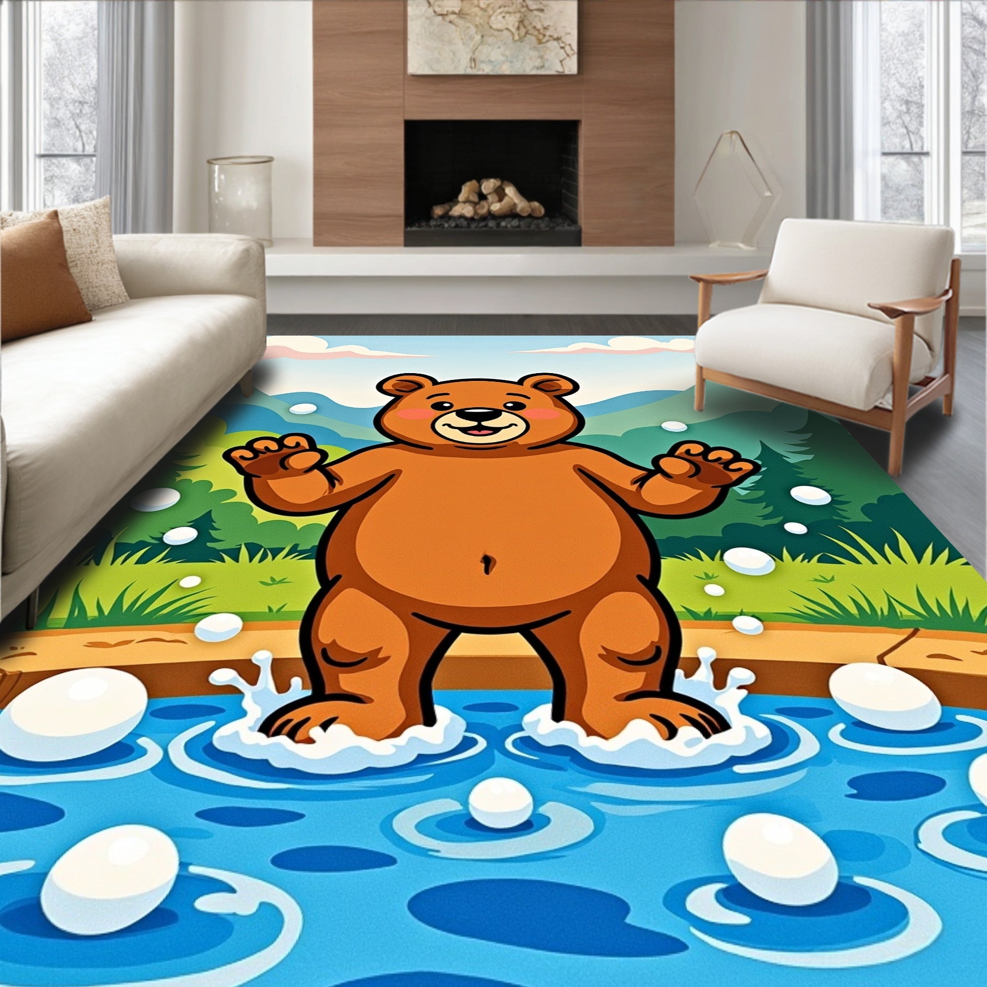 Playful Brown Bear in Blue Water Bubbles Rug