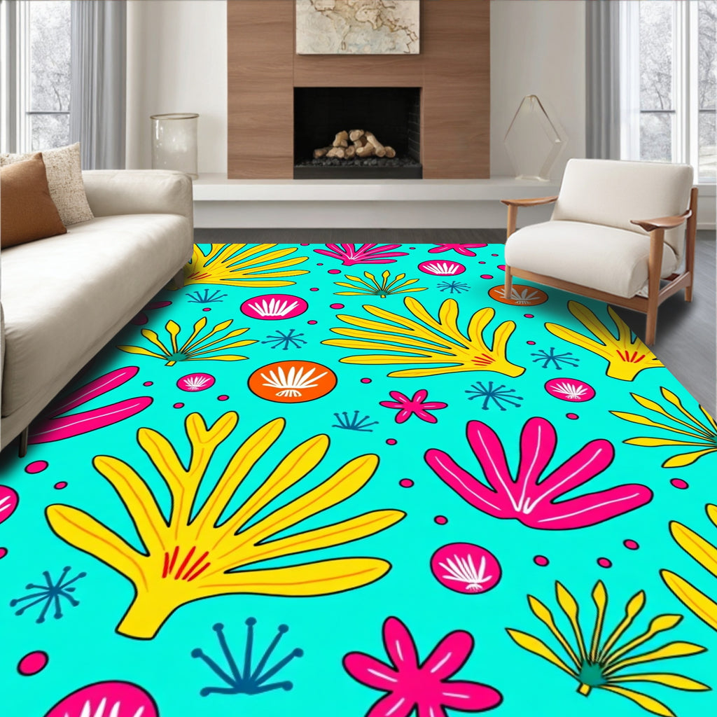 Bright Yellow Pink Abstract Foliage Rug