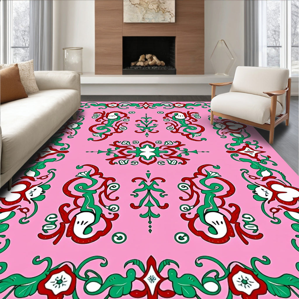 Pink Red Green Scroll Floral Border Rug