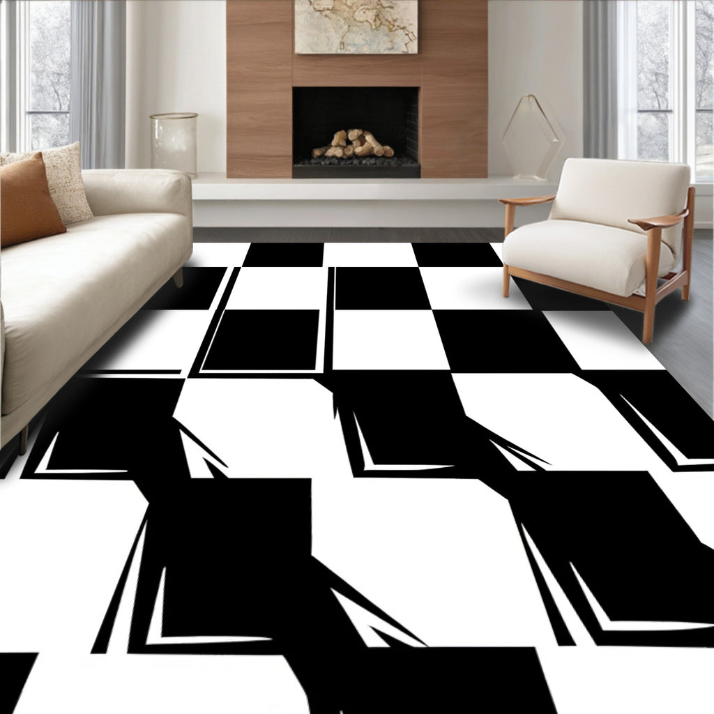 Bold Black White Checkerboard Illusion Rug