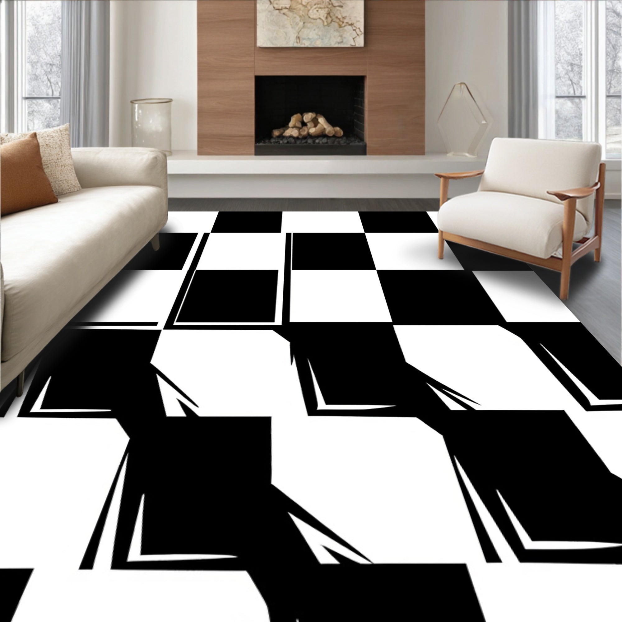 Bold Black White Checkerboard Illusion Rug