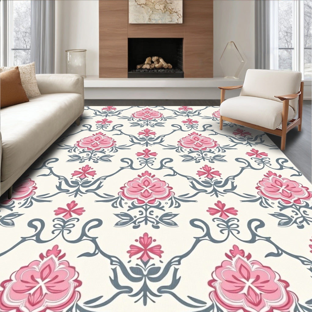 Pink Gray Floral Damask Lattice Rug